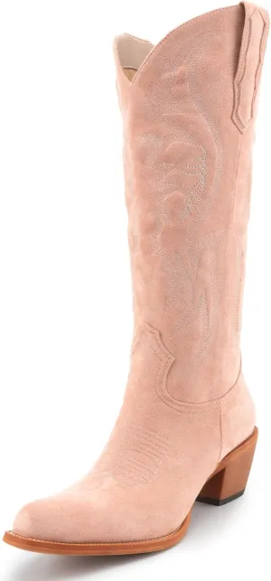 GORBINETI Women Pink Cowboy Boots Mid Calf Cowgirl Boots Sky Blue Western Boots Embroidered Suede Pull On Almond Toe Chunky Heel