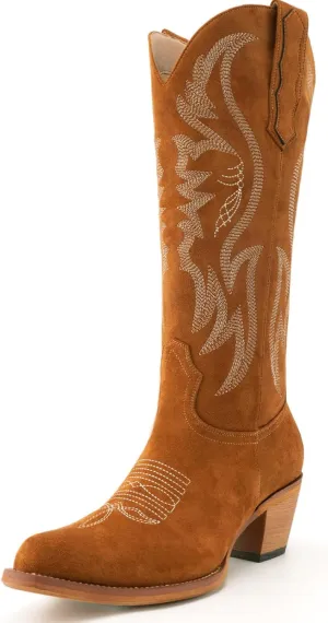 GORBINETI Women’s Western Cowboy Boots Embroidered Suede Mid Calf Pointed Toe Cowgirl Knee High Heel Boots Pull On Chunky Black