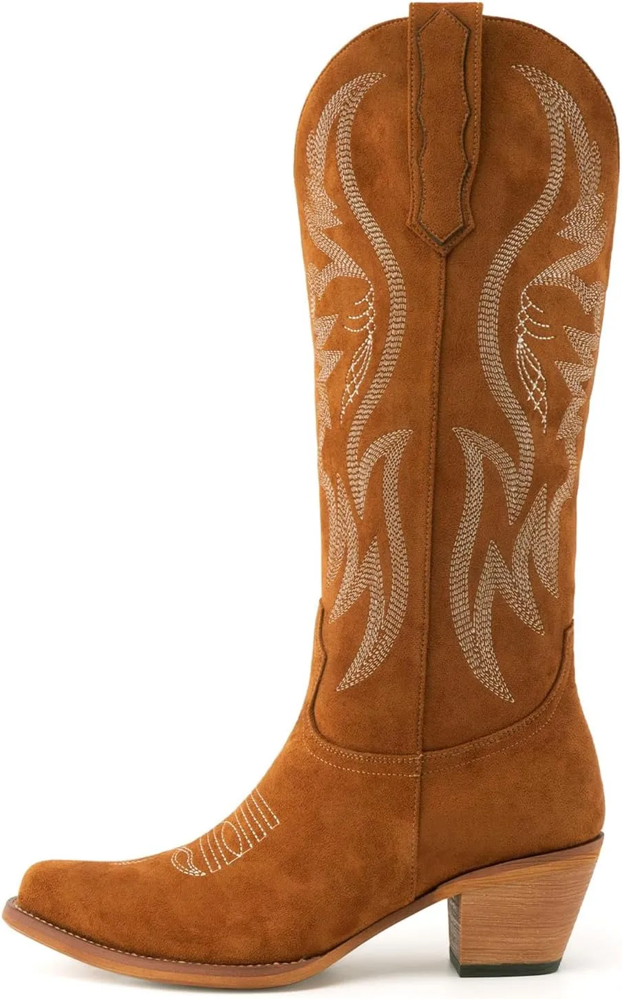 GORBINETI Women’s Western Cowboy Boots Embroidered Suede Mid Calf Pointed Toe Cowgirl Knee High Heel Boots Pull On Chunky Black