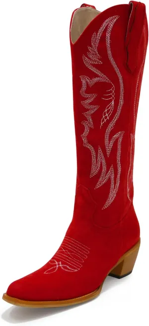 GORBINETI Women’s Western Cowboy Boots Embroidered Suede Mid Calf Pointed Toe Cowgirl Knee High Heel Boots Pull On Chunky Black