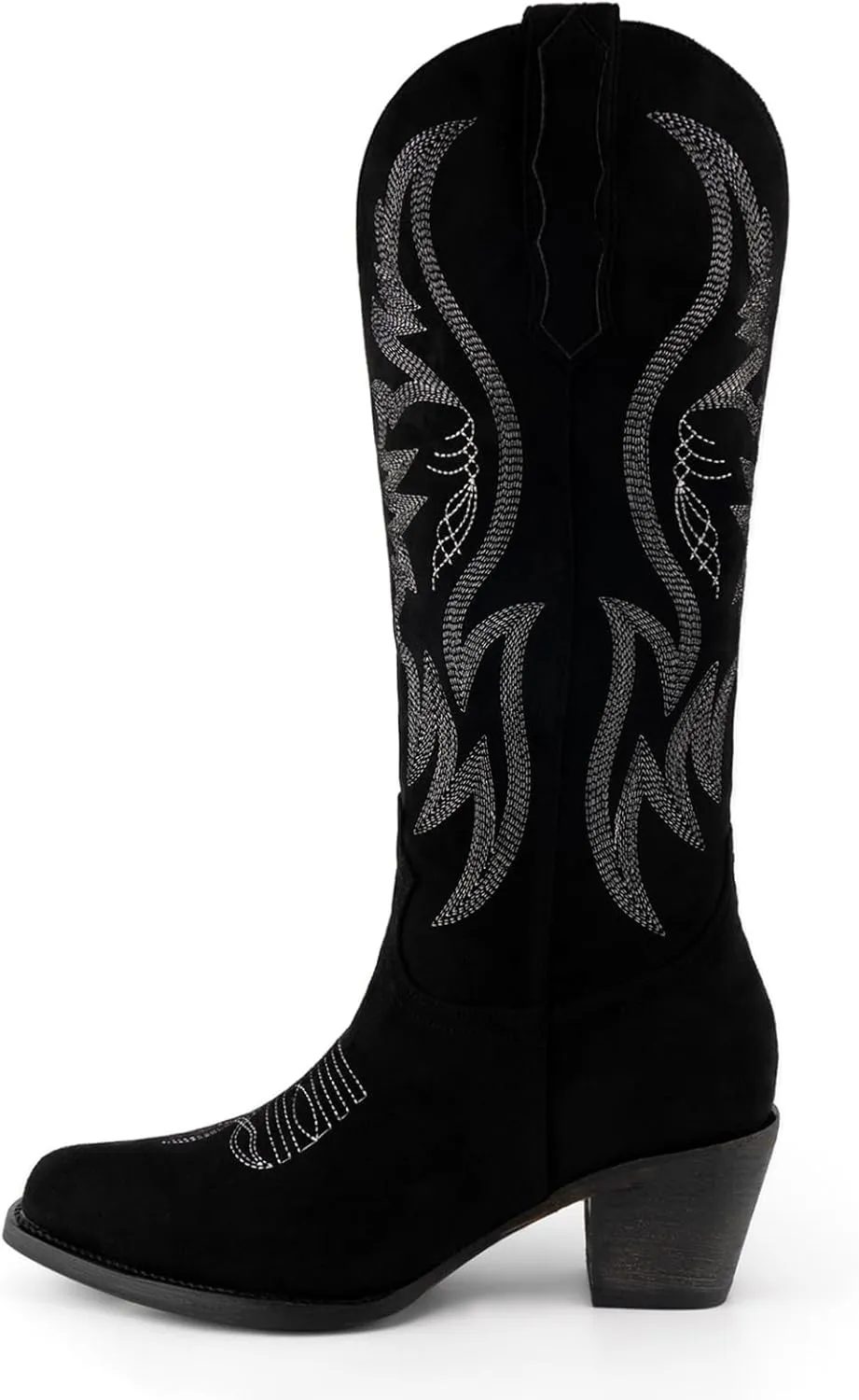 GORBINETI Women’s Western Cowboy Boots Embroidered Suede Mid Calf Pointed Toe Cowgirl Knee High Heel Boots Pull On Chunky Black