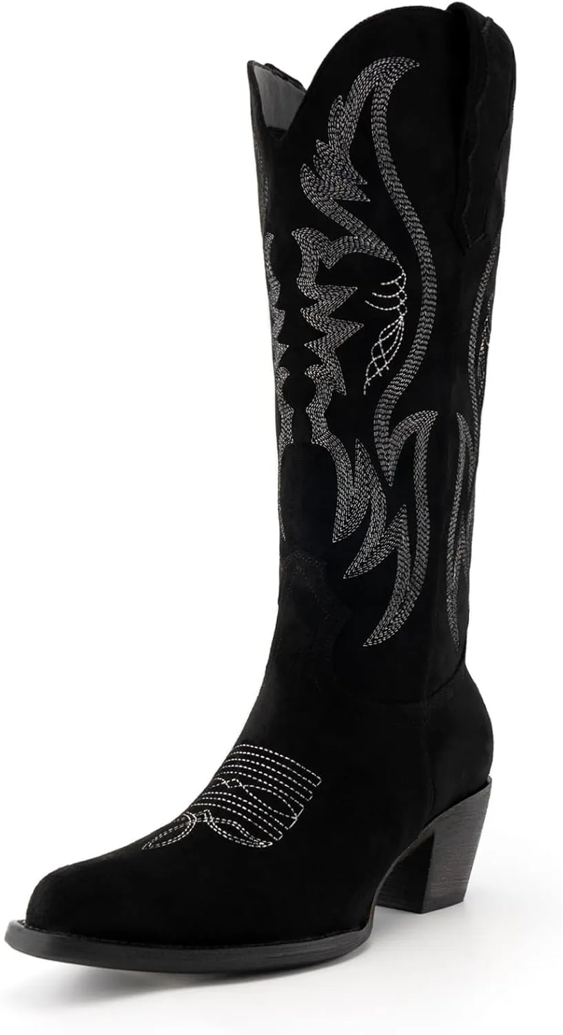 GORBINETI Women’s Western Cowboy Boots Embroidered Suede Mid Calf Pointed Toe Cowgirl Knee High Heel Boots Pull On Chunky Black