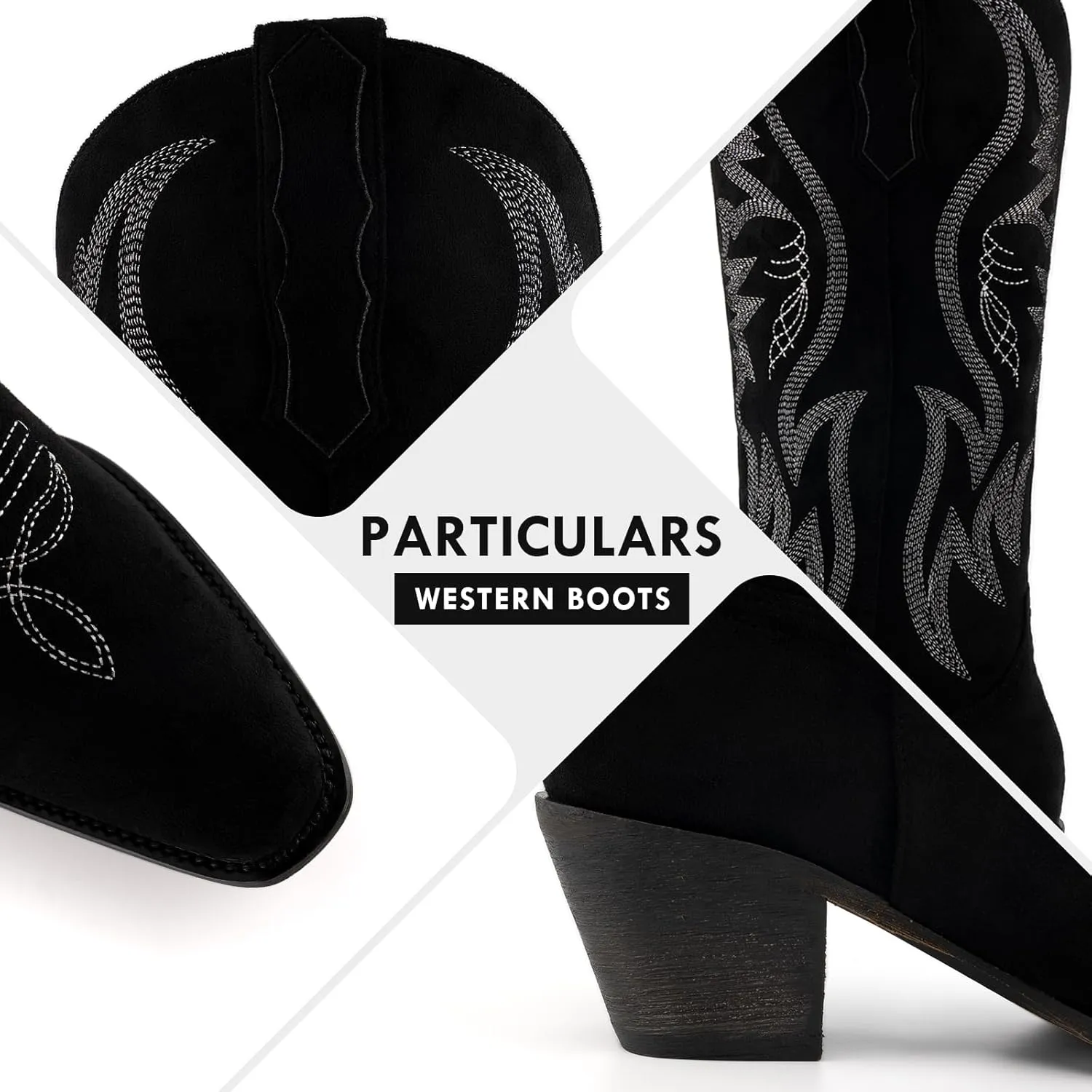 GORBINETI Women’s Western Cowboy Boots Embroidered Suede Mid Calf Pointed Toe Cowgirl Knee High Heel Boots Pull On Chunky Black