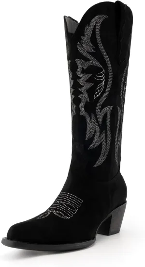 GORBINETI Women’s Western Cowboy Boots Embroidered Suede Mid Calf Pointed Toe Cowgirl Knee High Heel Boots Pull On Chunky Black