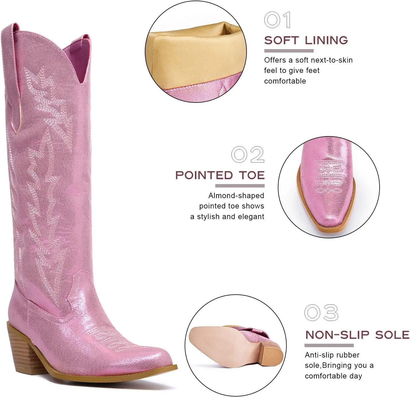 GOSERCE Cowboy Boots for Women Cowgirl Mid Calf Boots Floral Embroidery Pointed Toe Chunky Heel 2.5" Pull-On Fashion