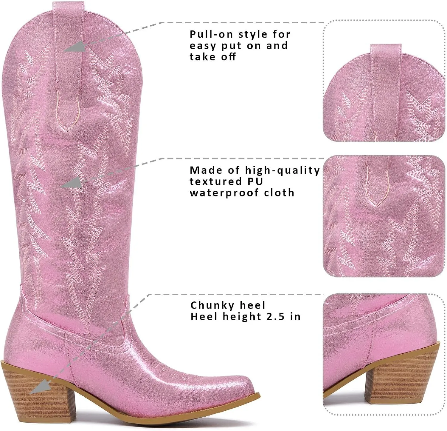 GOSERCE Cowboy Boots for Women Cowgirl Mid Calf Boots Floral Embroidery Pointed Toe Chunky Heel 2.5" Pull-On Fashion