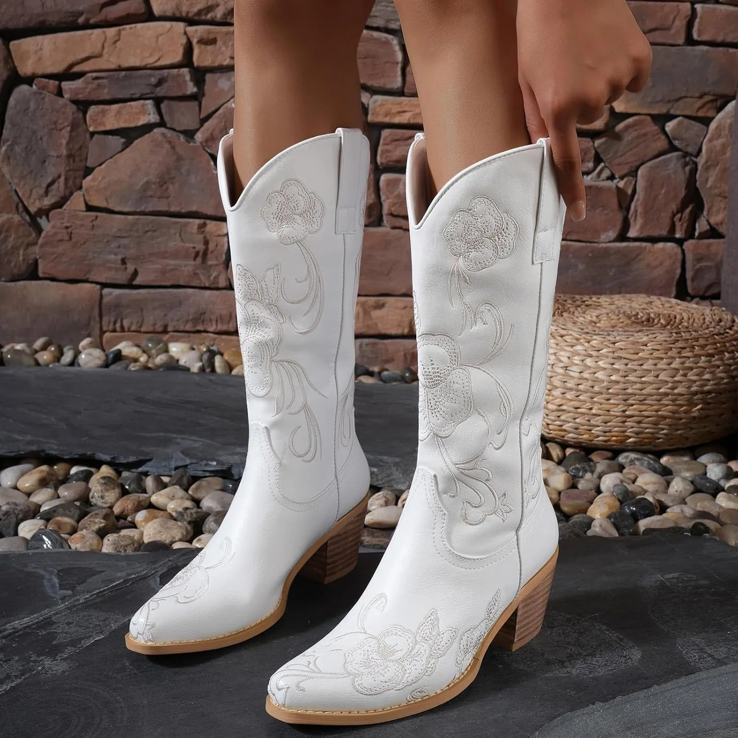 GOSERCE Cowboy Boots for Women Cowgirl Mid Calf Boots Floral Embroidery Pointed Toe Chunky Heel 2.5" Pull-On Fashion