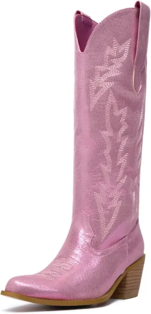 GOSERCE Cowboy Boots for Women Cowgirl Mid Calf Boots Floral Embroidery Pointed Toe Chunky Heel 2.5" Pull-On Fashion