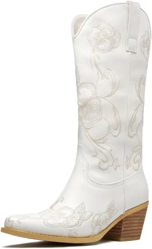 GOSERCE Cowboy Boots for Women Cowgirl Mid Calf Boots Floral Embroidery Pointed Toe Chunky Heel 2.5" Pull-On Fashion