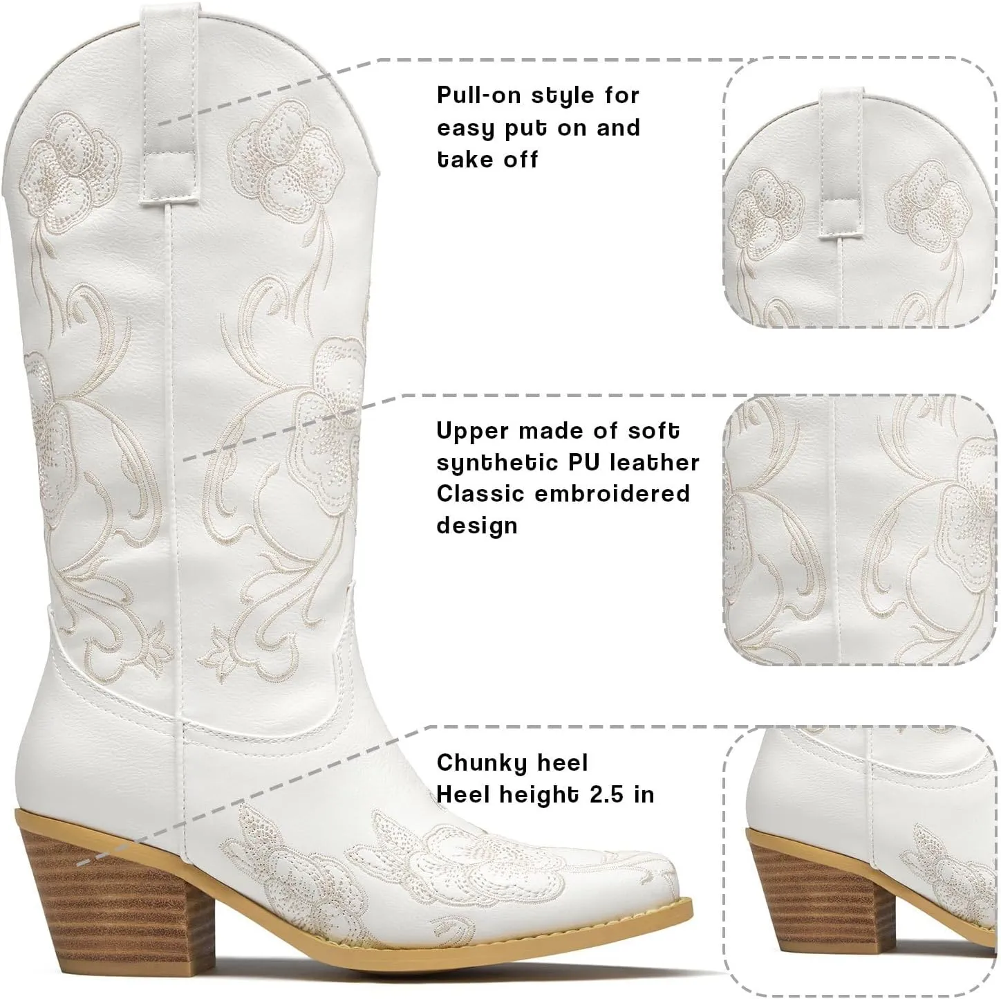 GOSERCE Cowboy Boots for Women Cowgirl Mid Calf Boots Floral Embroidery Pointed Toe Chunky Heel 2.5" Pull-On Fashion