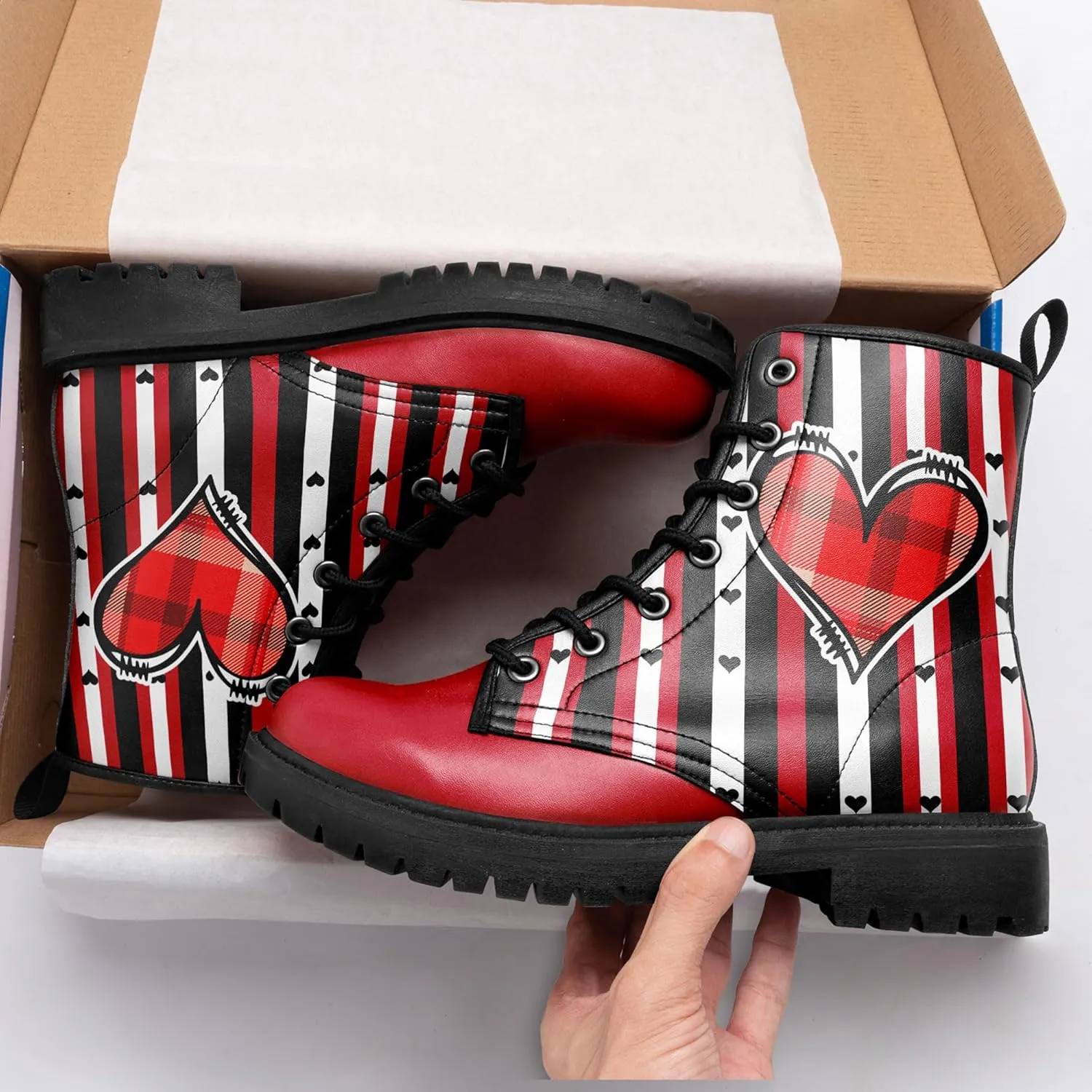 Gothic Heart & Rose Combat Boots – Vintage Lace-Up Leather Ankle Boots for Women, Stylish Anti-Slip Casual Footwear
