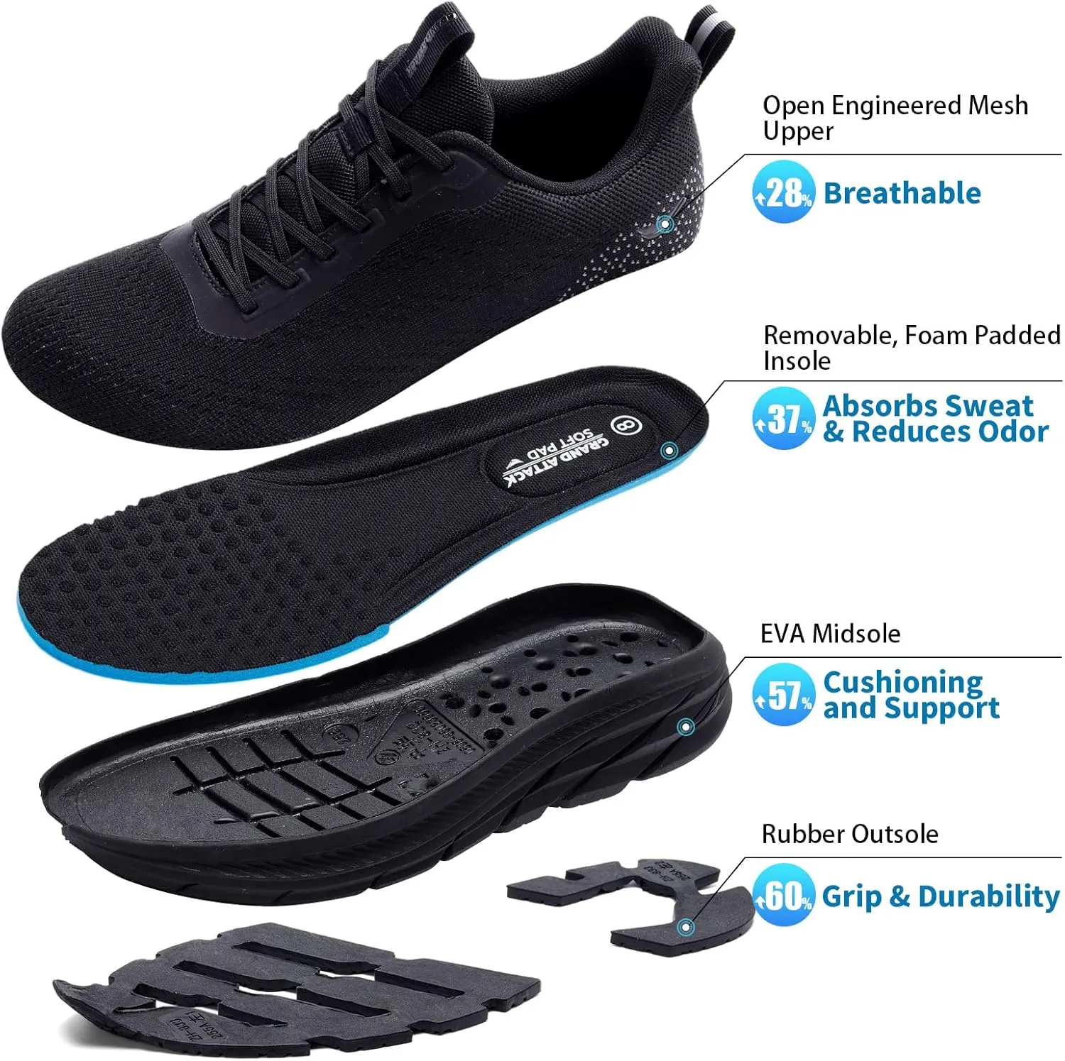 Grand Attack Men's Road Running Walking Shoes | Max Cushioned Comfort | Durable Non-Slip | Breathable Athletic Tennis Cross-Training Sneakers