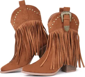 Hawkwell Women's Fringe Cowboy Cowgirl Boots Snip Toe Pull On Dress Western Ankle Booties