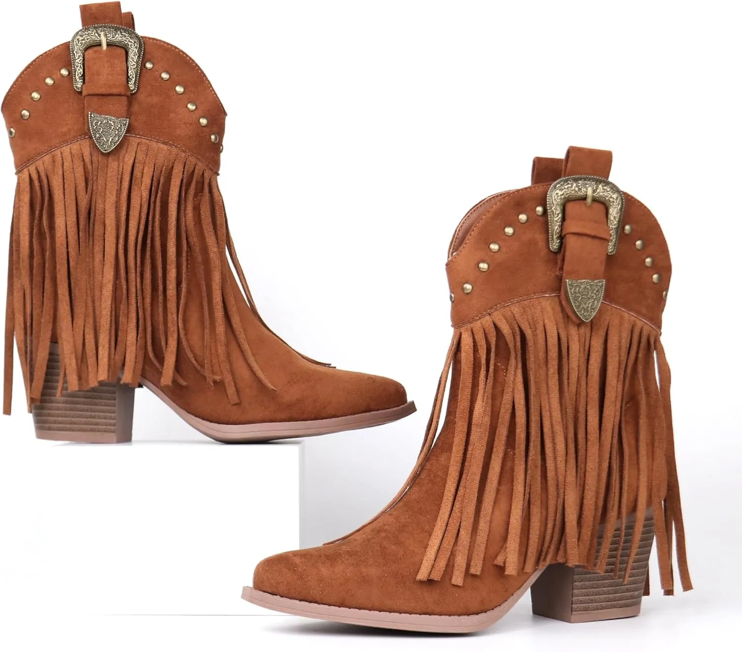 Hawkwell Women's Fringe Cowboy Cowgirl Boots Snip Toe Pull On Dress Western Ankle Booties