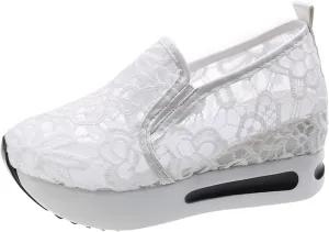 Hbeylia Platform Wedge Sneakers for Women Fashion Embroidery Floral Mesh Air Comfort Chunky Sole Hidden High Heels Slip On Loafers Breathable Walking Work Shoes with Arch Support