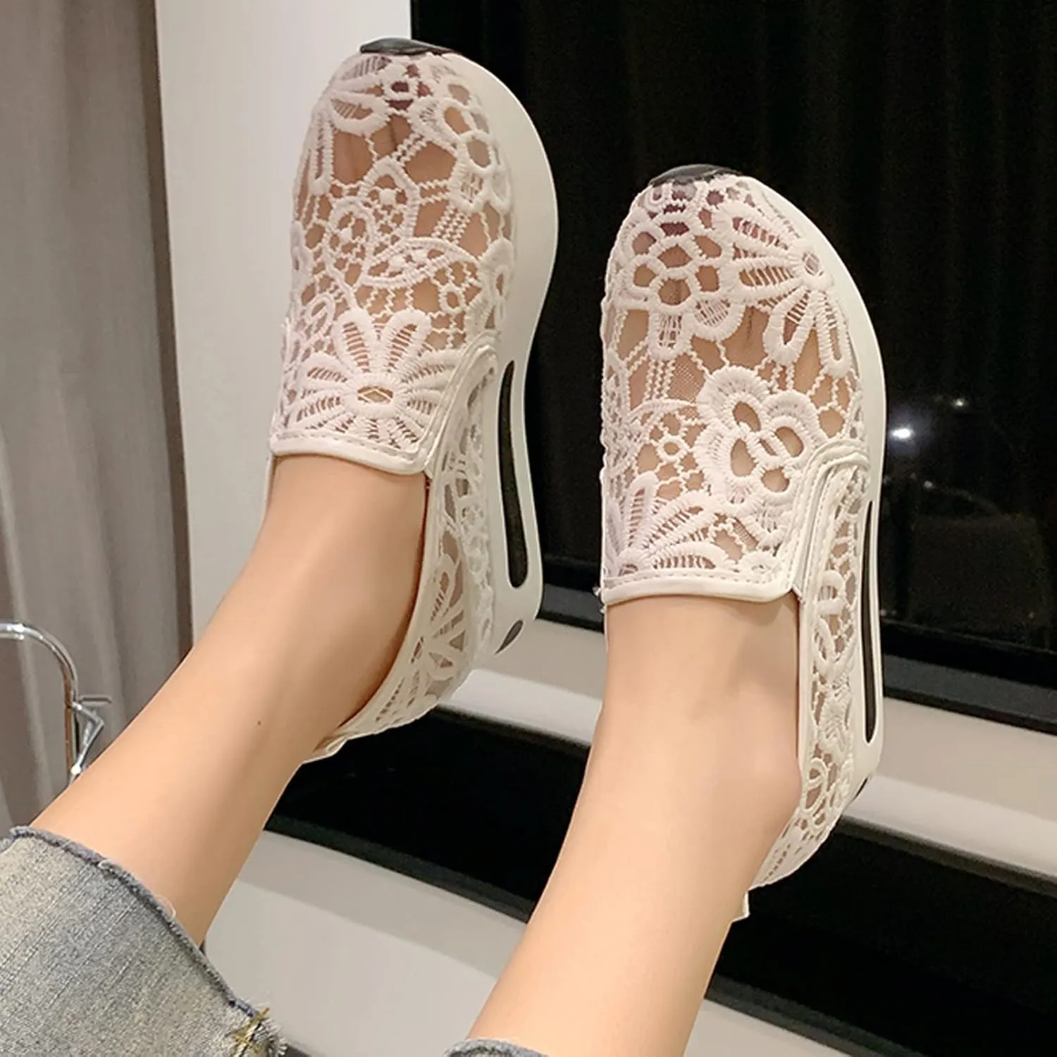 Hbeylia Platform Wedge Sneakers for Women Fashion Embroidery Floral Mesh Air Comfort Chunky Sole Hidden High Heels Slip On Loafers Breathable Walking Work Shoes with Arch Support