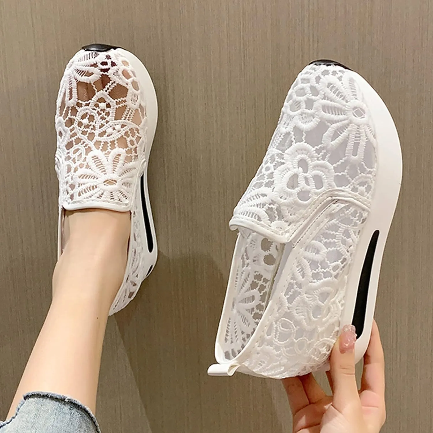 Hbeylia Platform Wedge Sneakers for Women Fashion Embroidery Floral Mesh Air Comfort Chunky Sole Hidden High Heels Slip On Loafers Breathable Walking Work Shoes with Arch Support