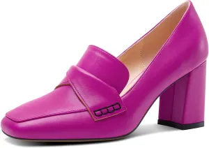 HDEUOLM Womens Chunky Block Mid Heel Square Toe Pumps Slip-on Loafers Shoes Office Basic Classic 3.2 Inches Shoes