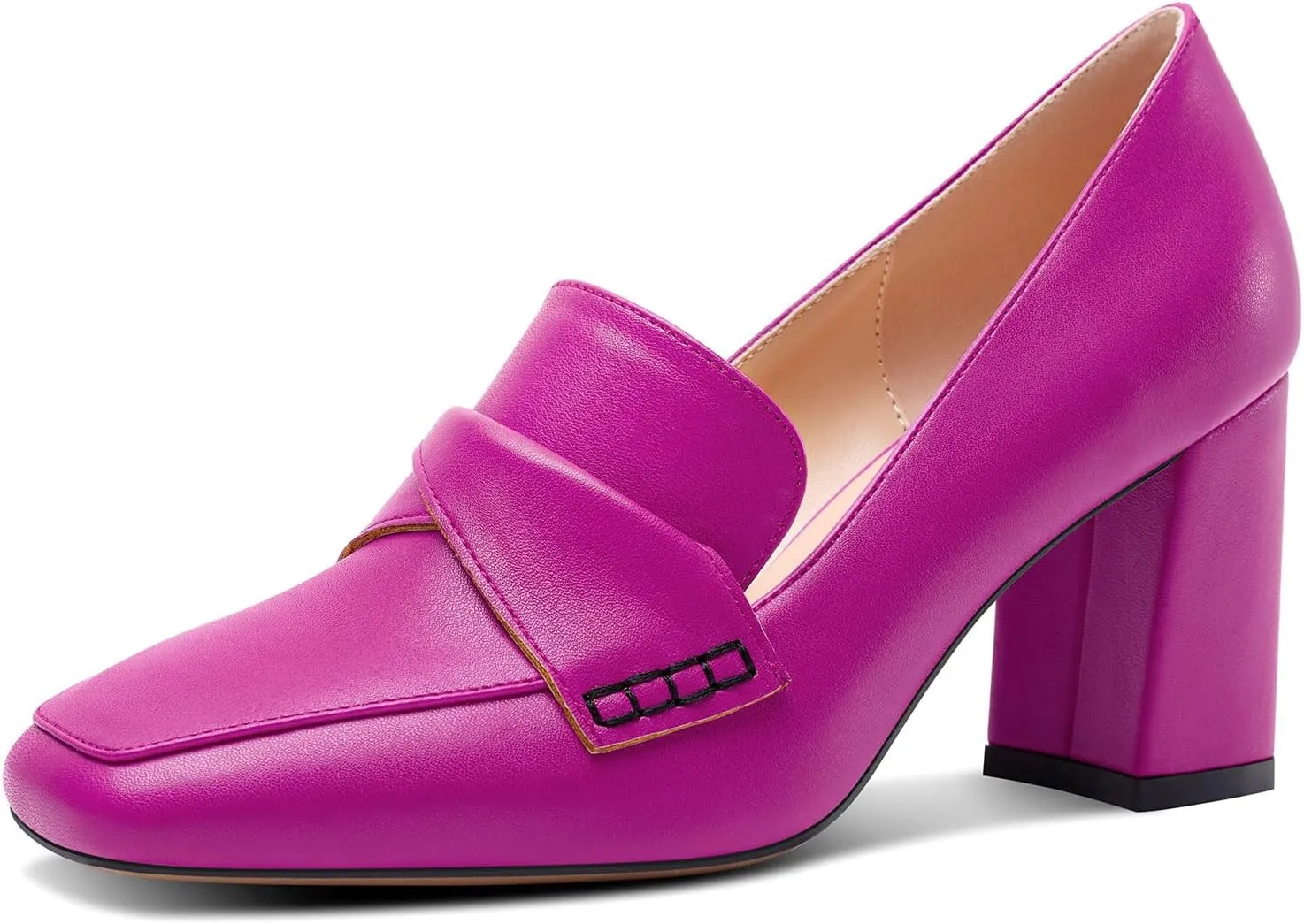 HDEUOLM Womens Chunky Block Mid Heel Square Toe Pumps Slip-on Loafers Shoes Office Basic Classic 3.2 Inches Shoes