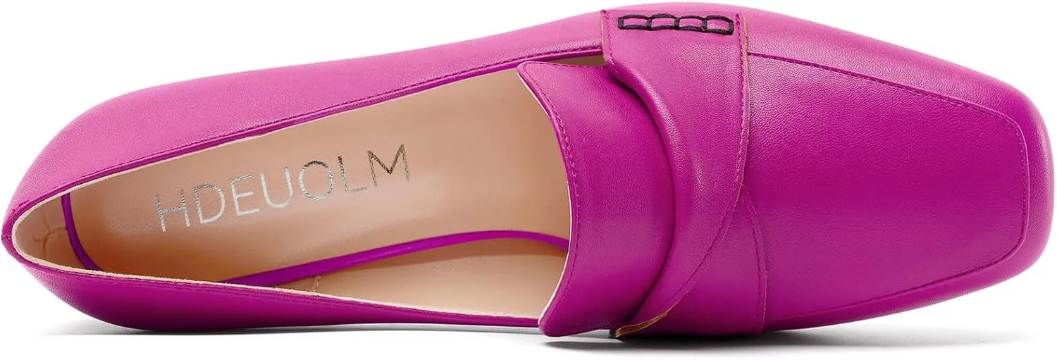 HDEUOLM Womens Chunky Block Mid Heel Square Toe Pumps Slip-on Loafers Shoes Office Basic Classic 3.2 Inches Shoes
