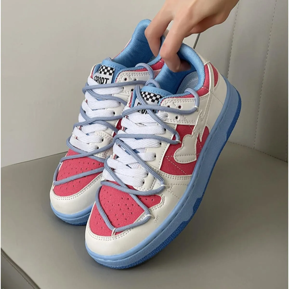Heart Lightning Low-Top Fashion Sneakers for Women - Cute Colorblock Athletic Casual Shoes with Unique Design Detail and Comfortable Cushioned Sole