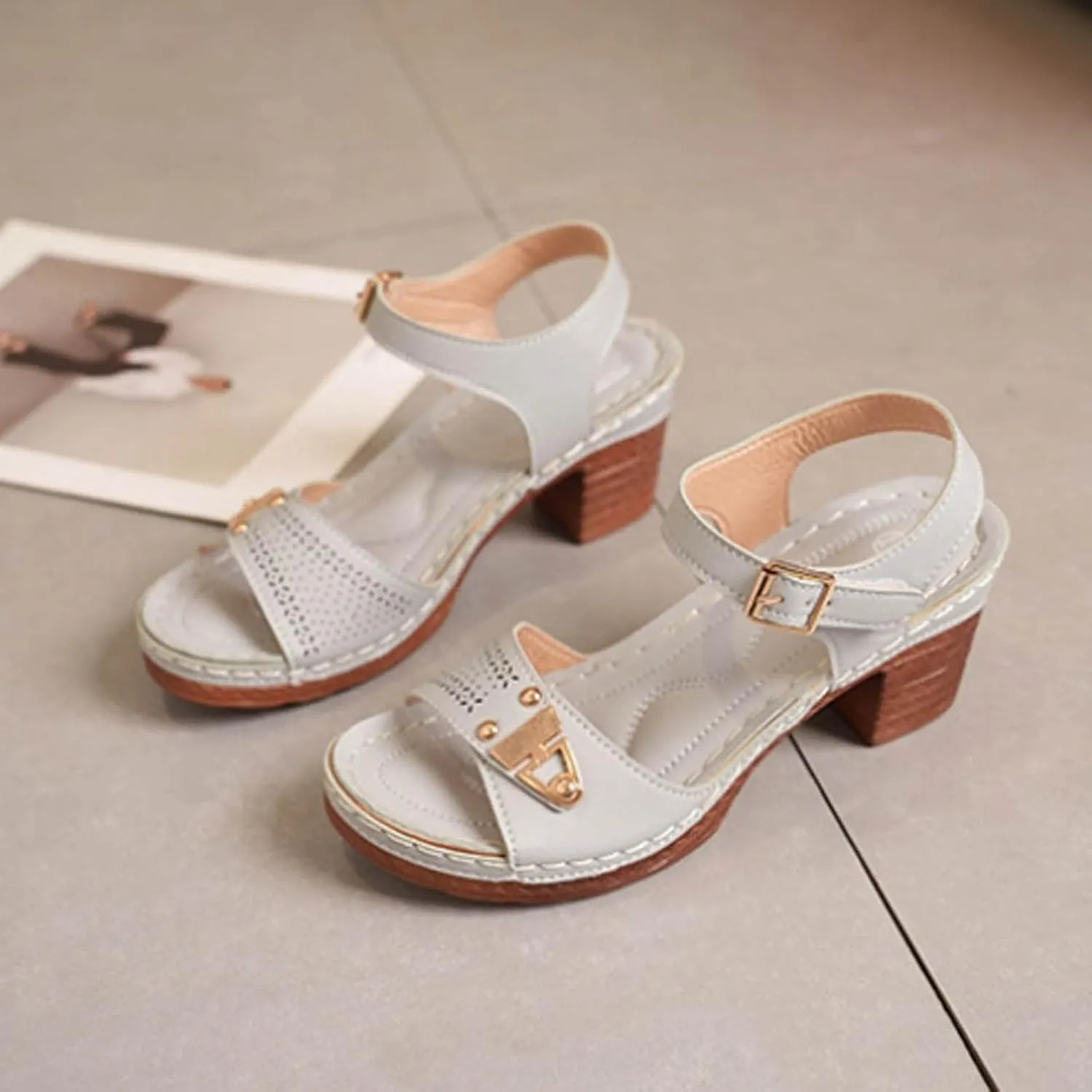 Heeled Sandals for Women, Ankle Strap Wedge Sandals Platform Summer Casual Hollow Out Open Toe Low Heel Dressy Shoes