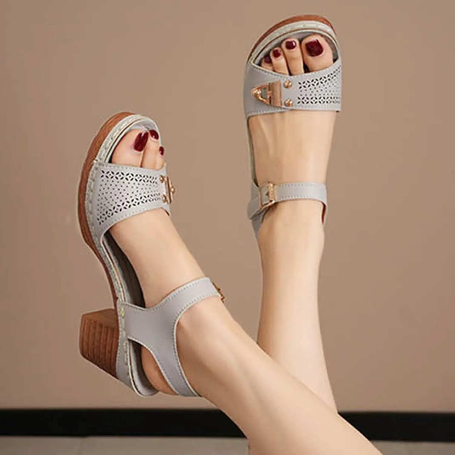Heeled Sandals for Women, Ankle Strap Wedge Sandals Platform Summer Casual Hollow Out Open Toe Low Heel Dressy Shoes