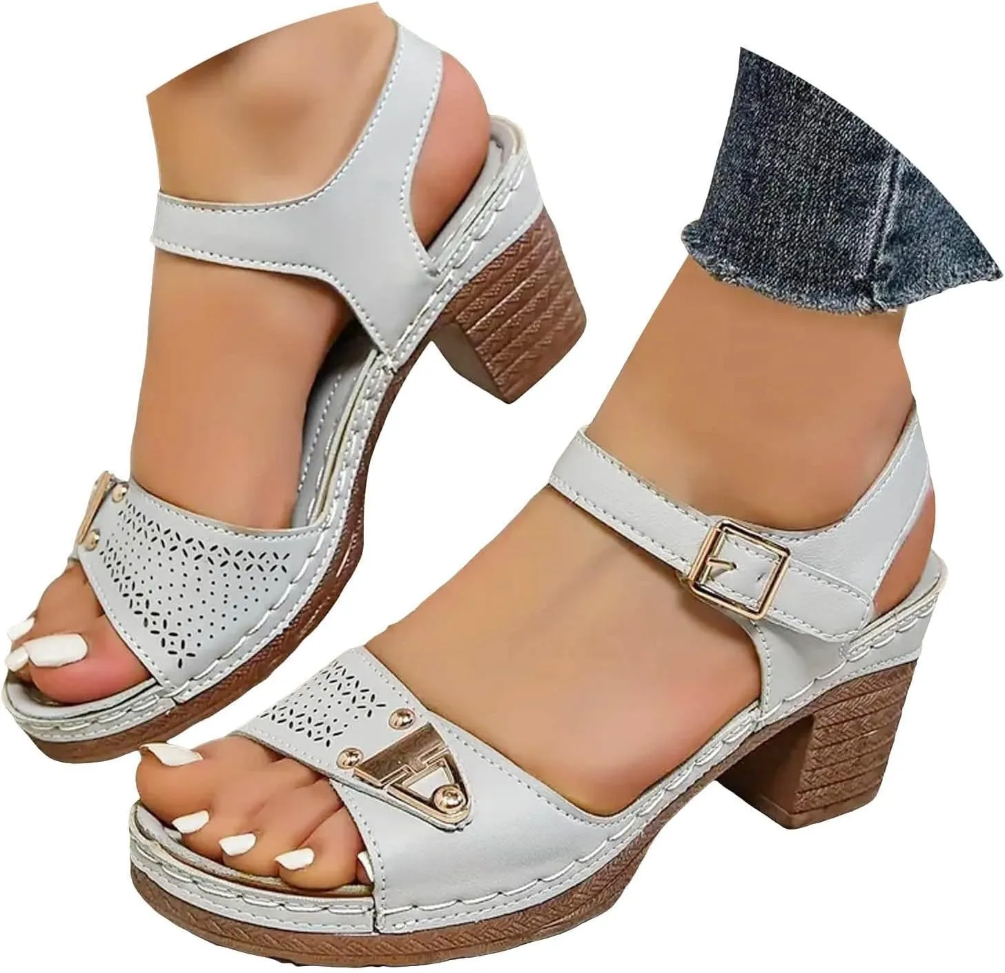 Heeled Sandals for Women, Ankle Strap Wedge Sandals Platform Summer Casual Hollow Out Open Toe Low Heel Dressy Shoes