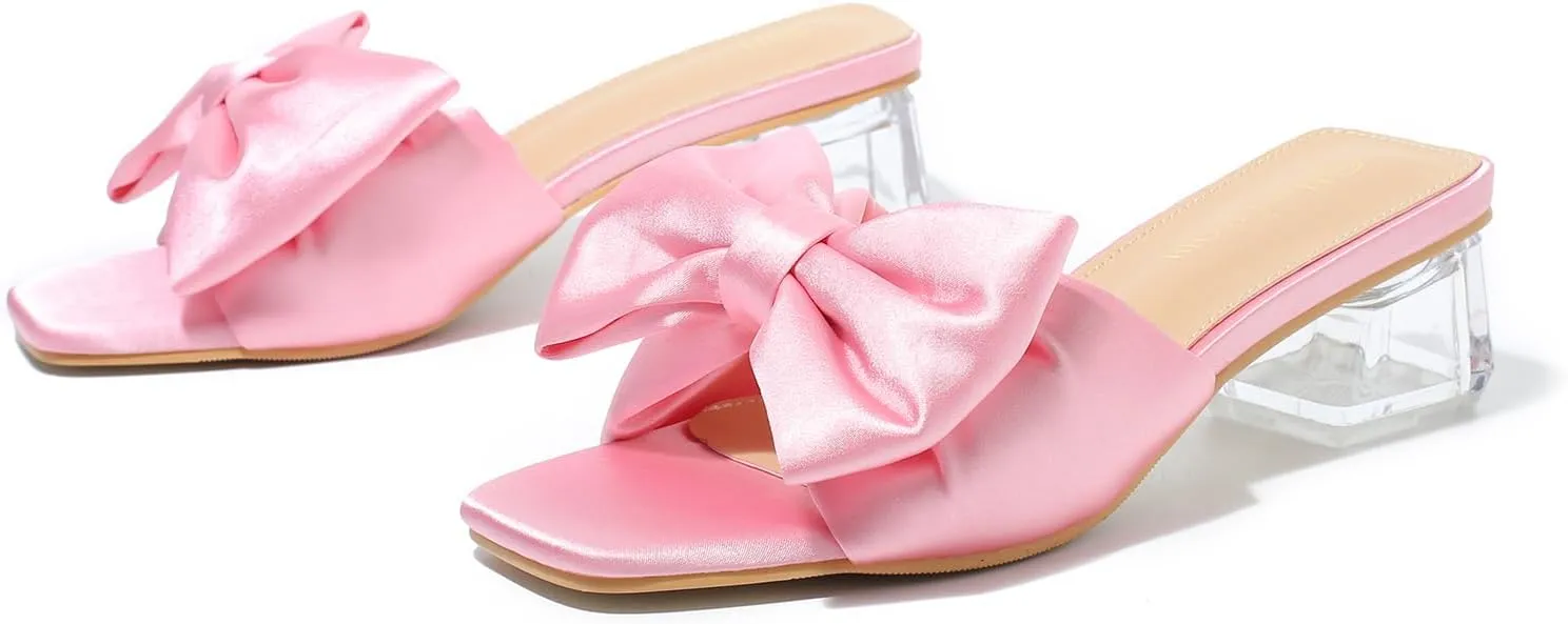 Heiyom Women's Square Toe Low Block Chunky Heels Mules Sandals Bowknot Slip on Clear Heels Wedding Bridal Party Dress Shoes