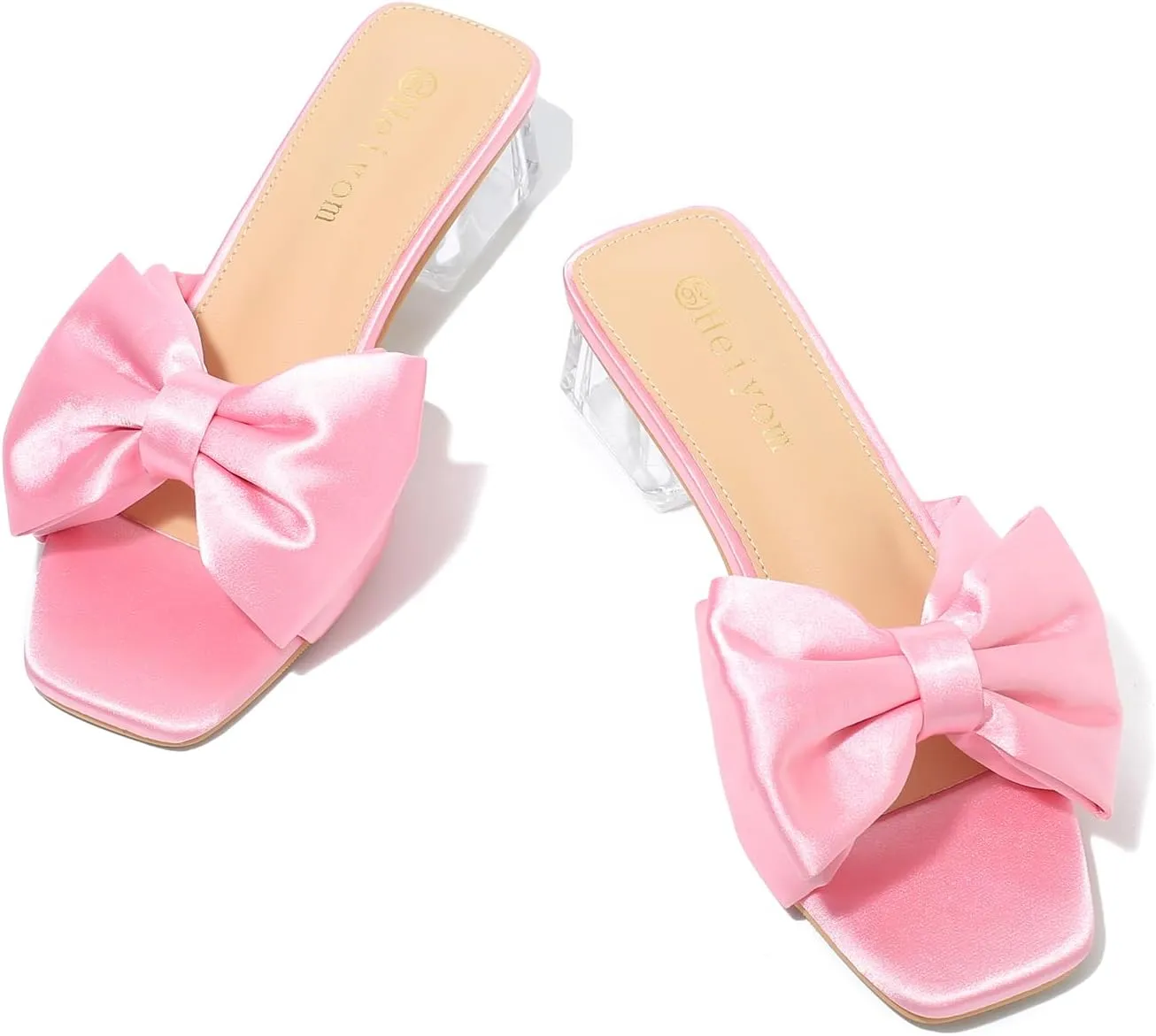 Heiyom Women's Square Toe Low Block Chunky Heels Mules Sandals Bowknot Slip on Clear Heels Wedding Bridal Party Dress Shoes
