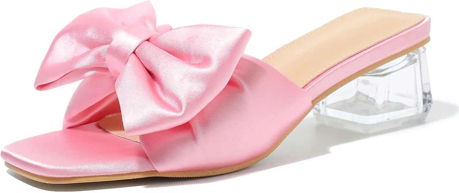 Heiyom Women's Square Toe Low Block Chunky Heels Mules Sandals Bowknot Slip on Clear Heels Wedding Bridal Party Dress Shoes