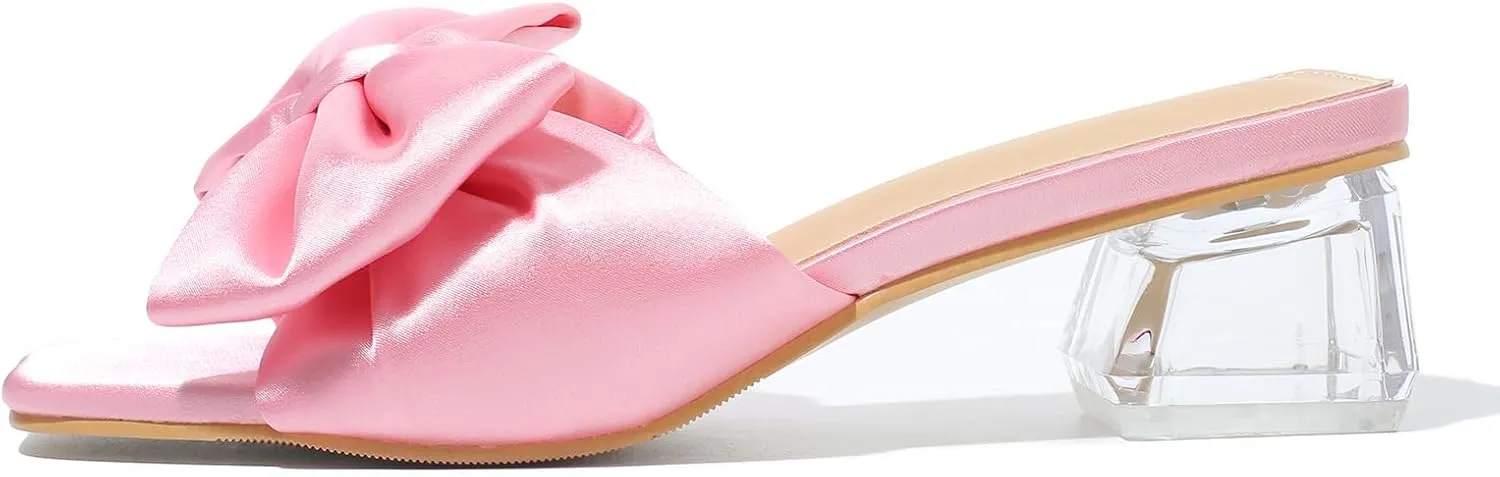 Heiyom Women's Square Toe Low Block Chunky Heels Mules Sandals Bowknot Slip on Clear Heels Wedding Bridal Party Dress Shoes