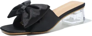 Heiyom Women's Square Toe Low Block Chunky Heels Mules Sandals Bowknot Slip on Clear Heels Wedding Bridal Party Dress Shoes