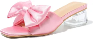 Heiyom Women's Square Toe Low Block Chunky Heels Mules Sandals Bowknot Slip on Clear Heels Wedding Bridal Party Dress Shoes