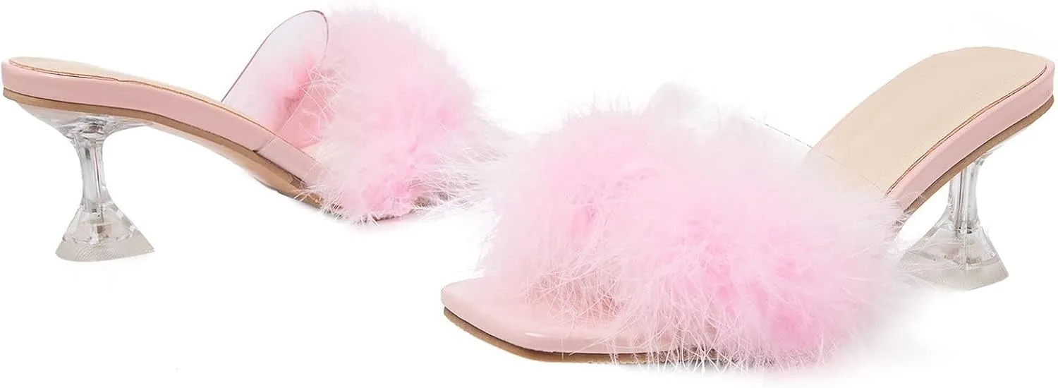 Heiyom Women's Square Toe Low Stilettos Heels Mules Sandals Fluffy Feather Slip on Clear Low Heels Wedding Bridal Party Dress Shoes
