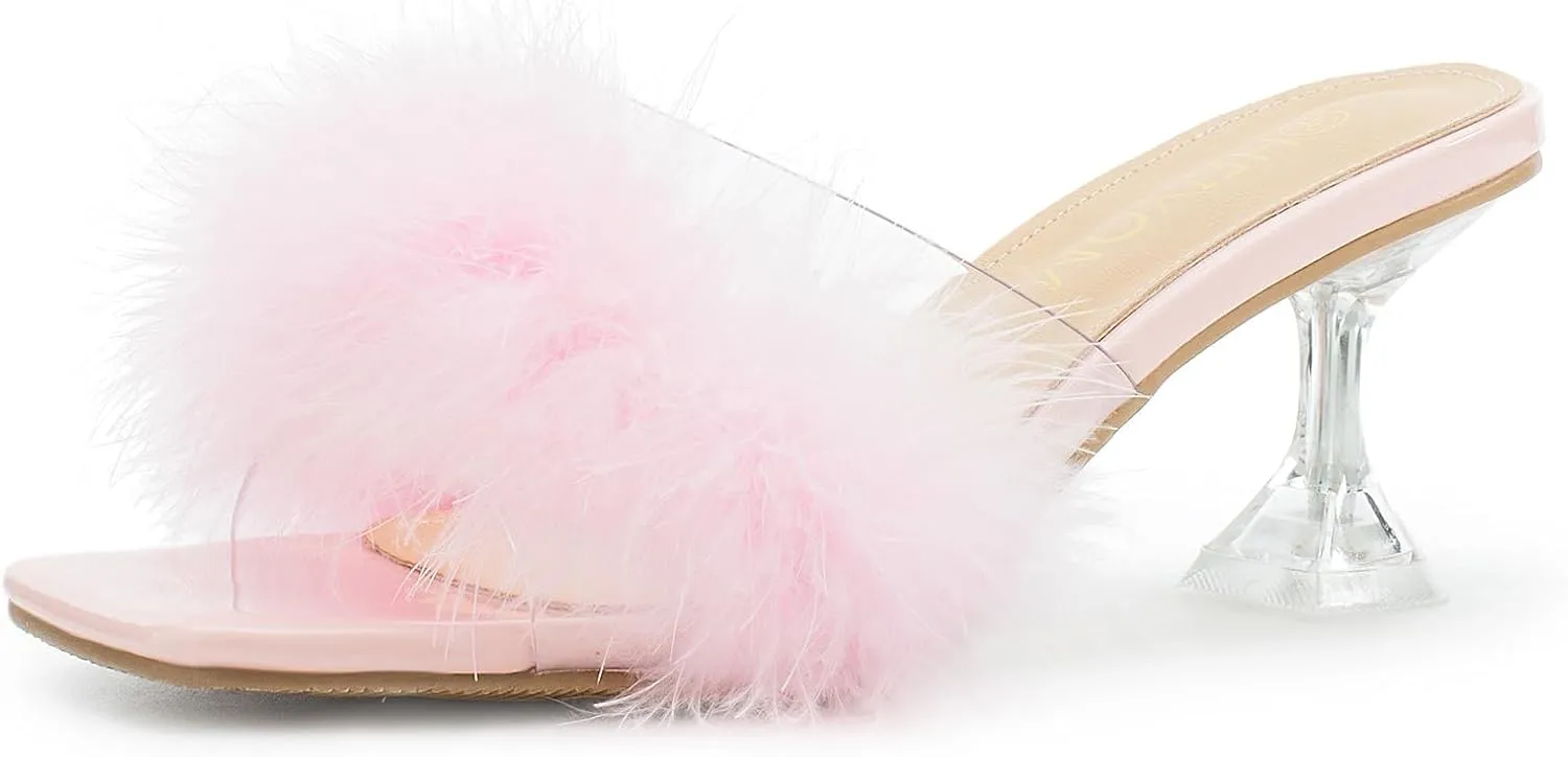 Heiyom Women's Square Toe Low Stilettos Heels Mules Sandals Fluffy Feather Slip on Clear Low Heels Wedding Bridal Party Dress Shoes