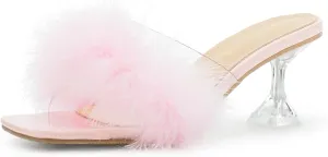 Heiyom Women's Square Toe Low Stilettos Heels Mules Sandals Fluffy Feather Slip on Clear Low Heels Wedding Bridal Party Dress Shoes