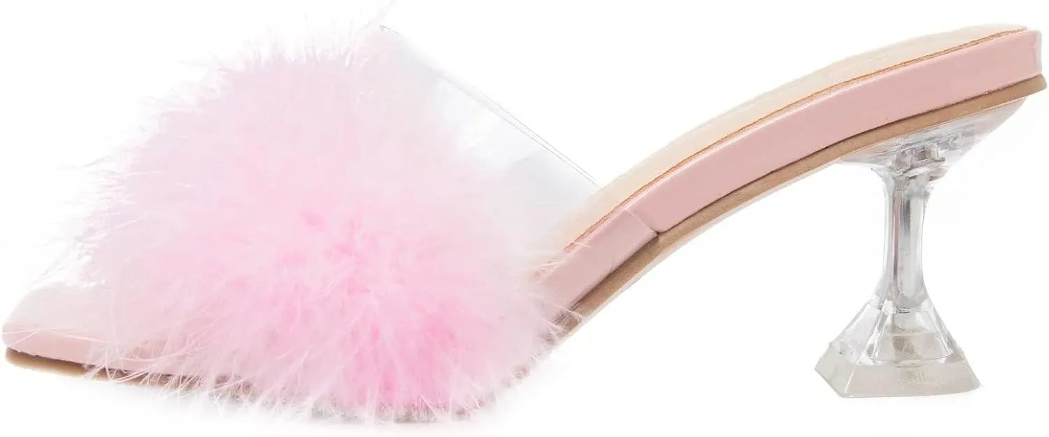 Heiyom Women's Square Toe Low Stilettos Heels Mules Sandals Fluffy Feather Slip on Clear Low Heels Wedding Bridal Party Dress Shoes