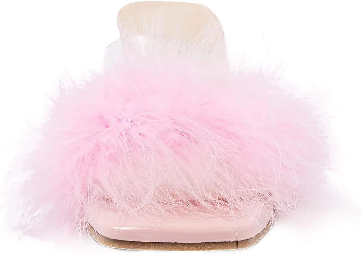 Heiyom Women's Square Toe Low Stilettos Heels Mules Sandals Fluffy Feather Slip on Clear Low Heels Wedding Bridal Party Dress Shoes