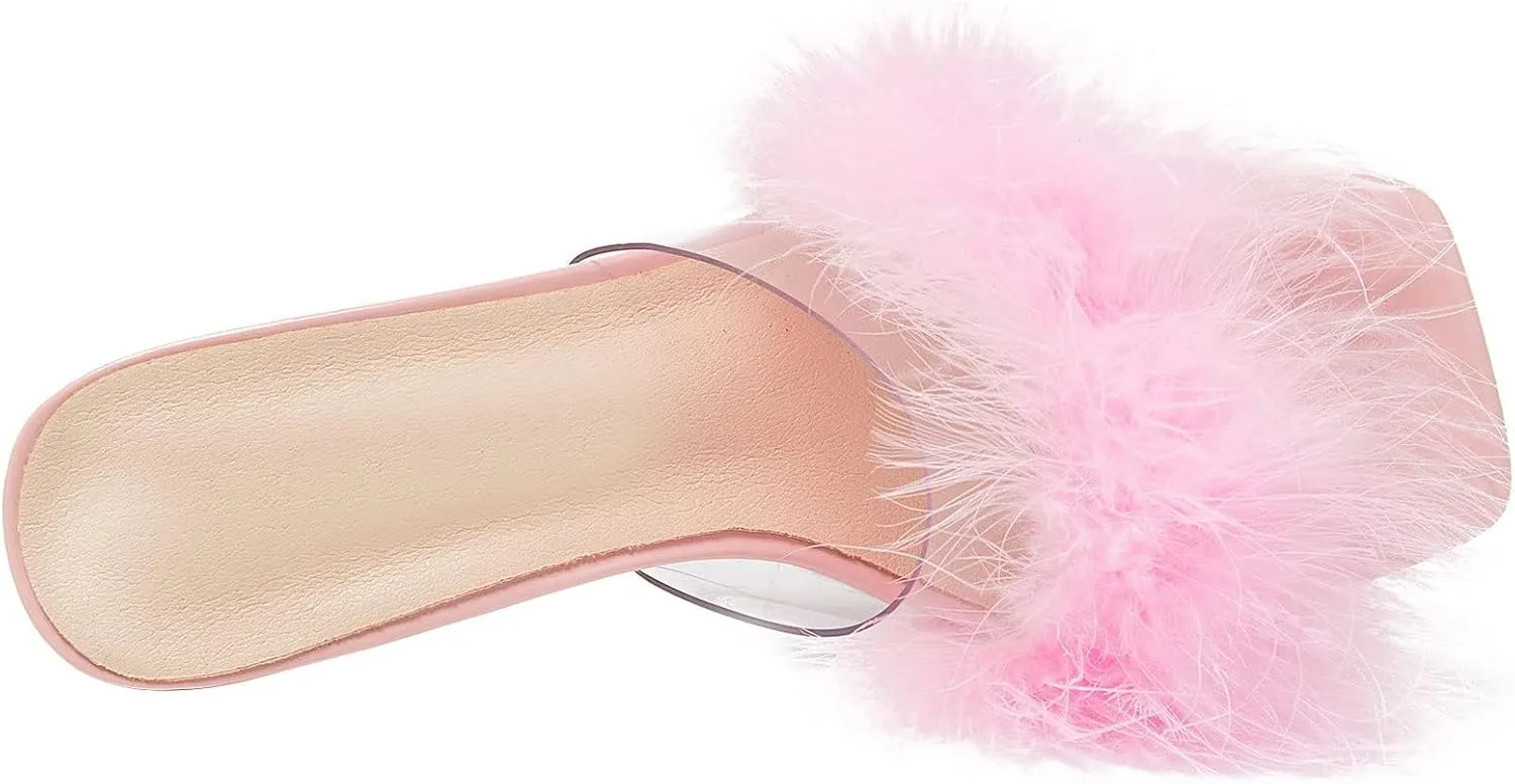 Heiyom Women's Square Toe Low Stilettos Heels Mules Sandals Fluffy Feather Slip on Clear Low Heels Wedding Bridal Party Dress Shoes