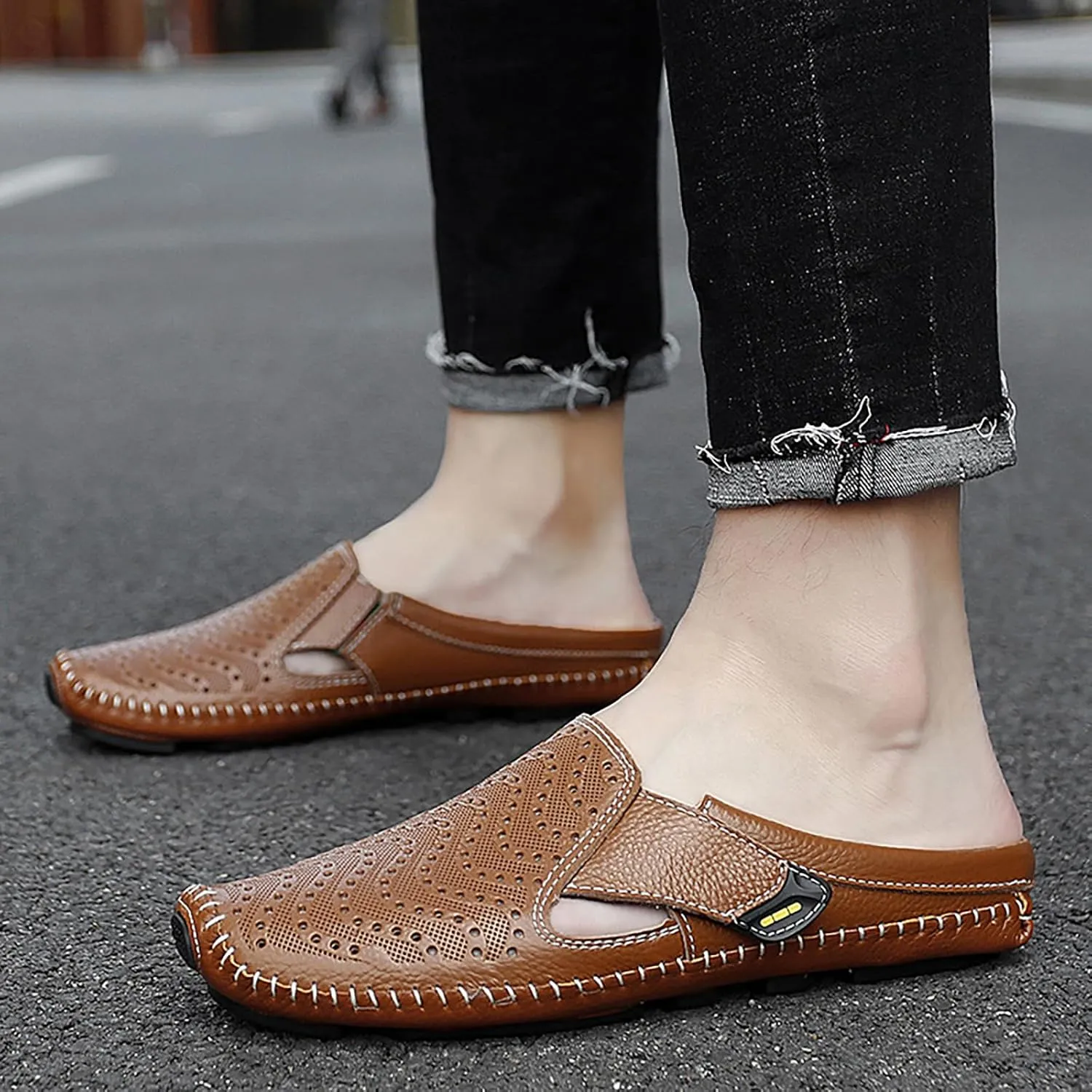 Helenbra Men's Hollow Backless Handmade Leather Mules Sandals,Summer Hook & Loop Breathable Slingback Non-slip Soft Sole Comfortable Slip-on Home Office Casual Flat Sandals Slippers