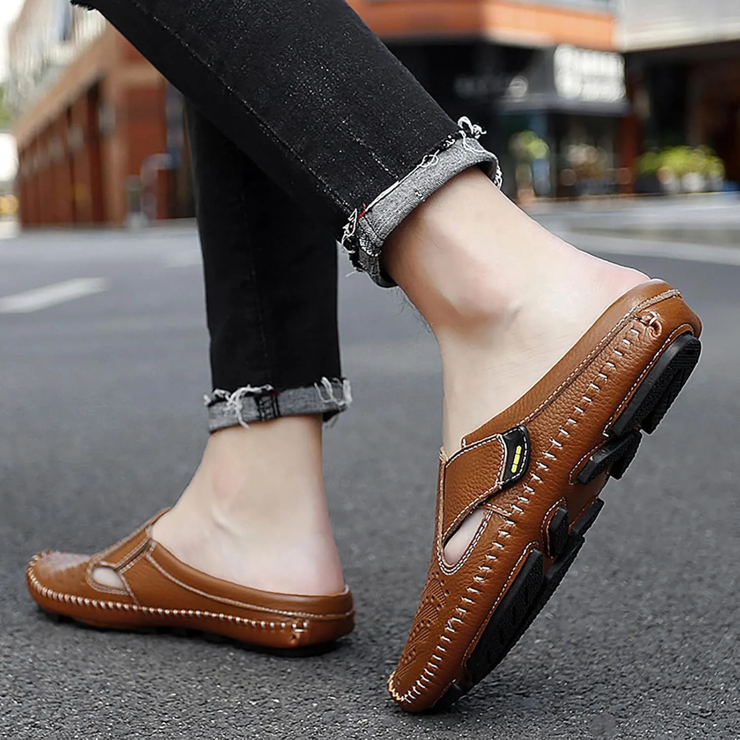 Helenbra Men's Hollow Backless Handmade Leather Mules Sandals,Summer Hook & Loop Breathable Slingback Non-slip Soft Sole Comfortable Slip-on Home Office Casual Flat Sandals Slippers