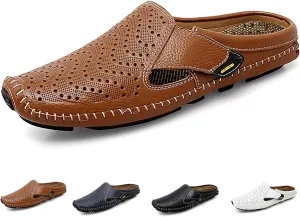 Helenbra Men's Hollow Backless Handmade Leather Mules Sandals,Summer Hook & Loop Breathable Slingback Non-slip Soft Sole Comfortable Slip-on Home Office Casual Flat Sandals Slippers