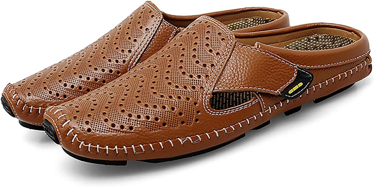 Helenbra Men's Hollow Backless Handmade Leather Mules Sandals,Summer Hook & Loop Breathable Slingback Non-slip Soft Sole Comfortable Slip-on Home Office Casual Flat Sandals Slippers