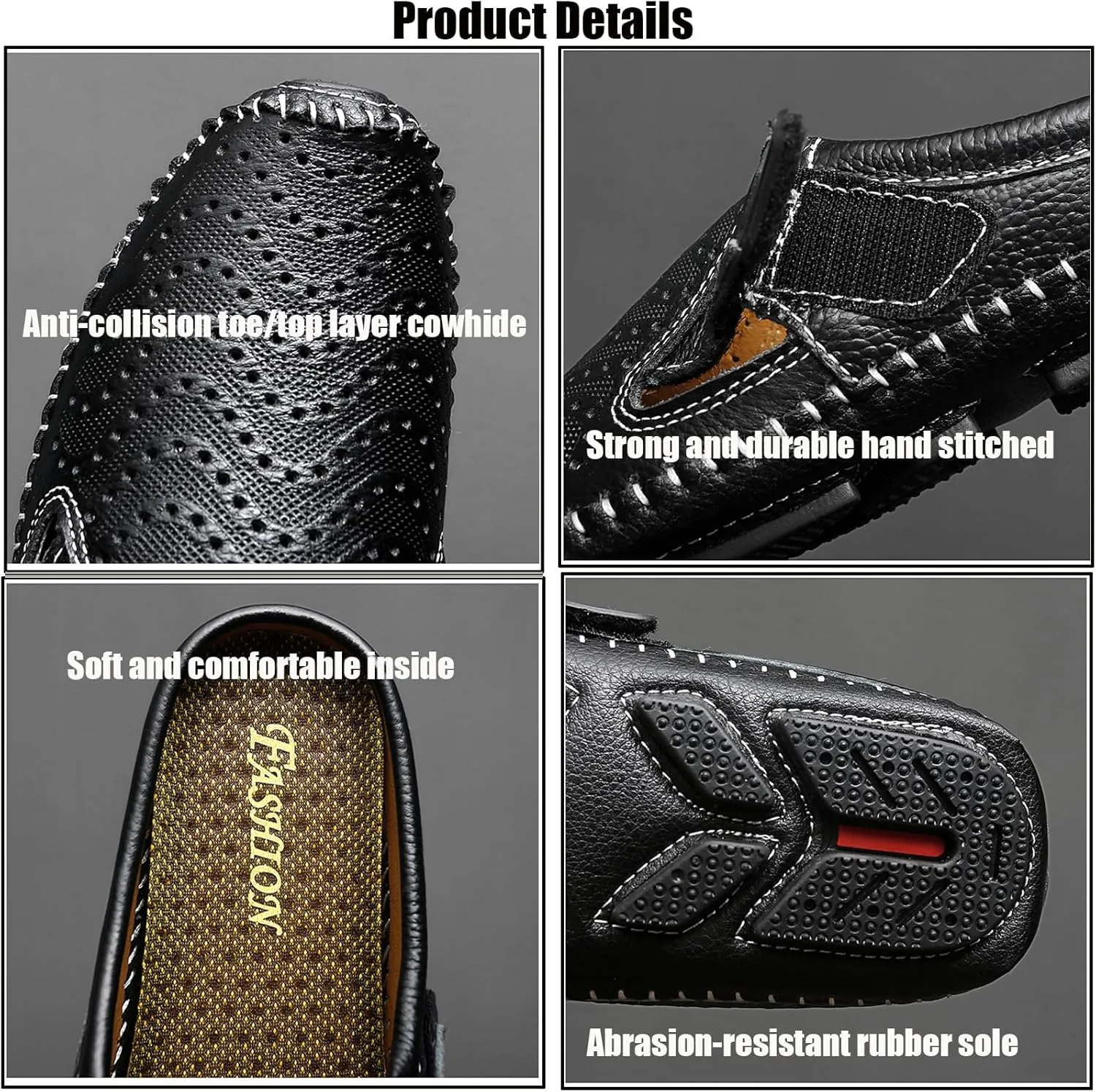 Helenbra Men's Hollow Backless Handmade Leather Mules Sandals,Summer Hook & Loop Breathable Slingback Non-slip Soft Sole Comfortable Slip-on Home Office Casual Flat Sandals Slippers