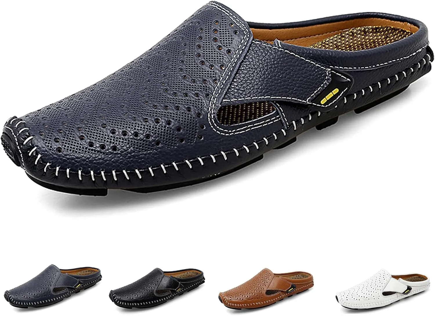 Helenbra Men's Hollow Backless Handmade Leather Mules Sandals,Summer Hook & Loop Breathable Slingback Non-slip Soft Sole Comfortable Slip-on Home Office Casual Flat Sandals Slippers