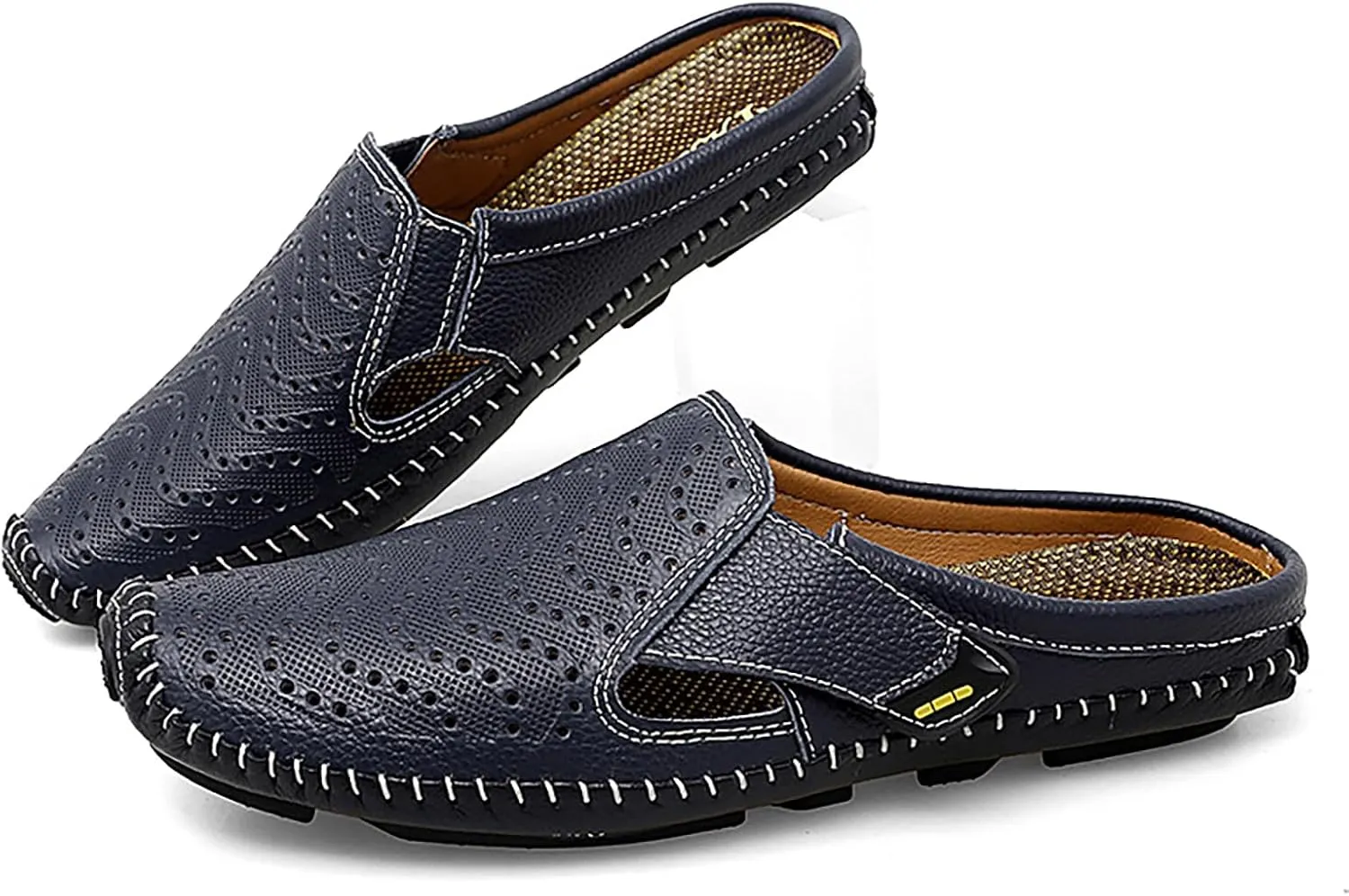Helenbra Men's Hollow Backless Handmade Leather Mules Sandals,Summer Hook & Loop Breathable Slingback Non-slip Soft Sole Comfortable Slip-on Home Office Casual Flat Sandals Slippers