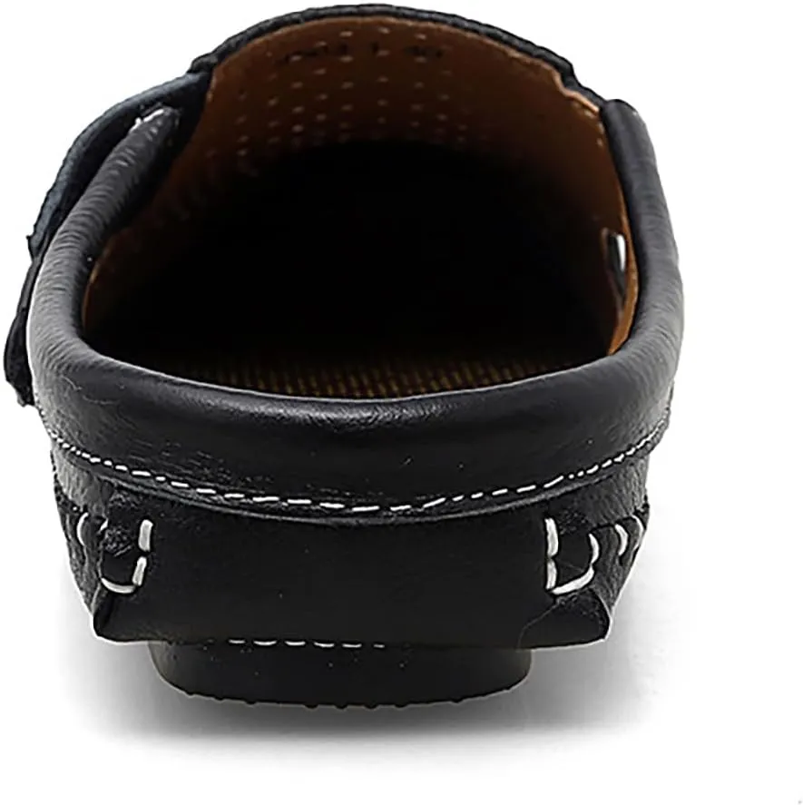Helenbra Men's Hollow Backless Handmade Leather Mules Sandals,Summer Hook & Loop Breathable Slingback Non-slip Soft Sole Comfortable Slip-on Home Office Casual Flat Sandals Slippers