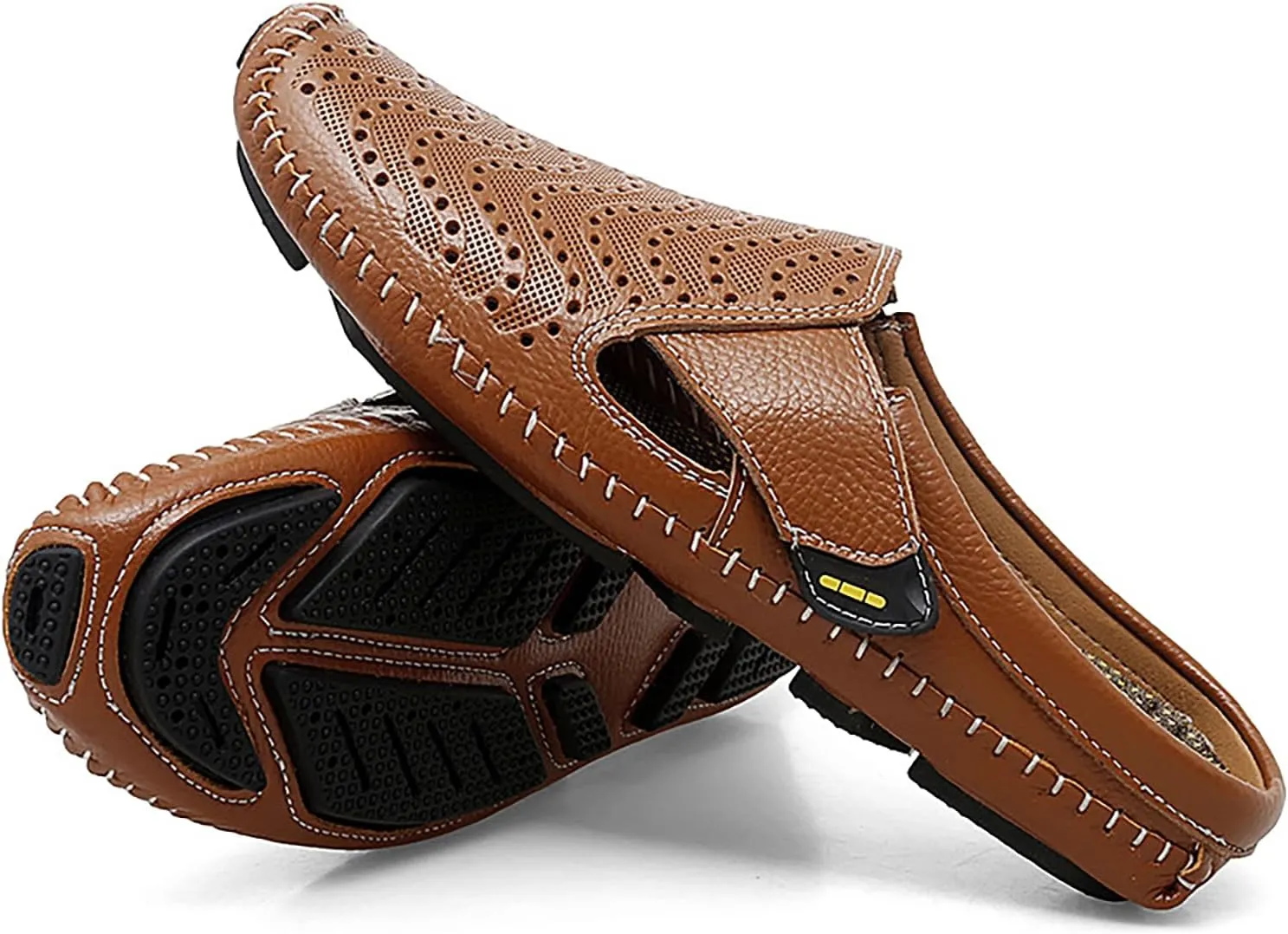 Helenbra Men's Hollow Backless Handmade Leather Mules Sandals,Summer Hook & Loop Breathable Slingback Non-slip Soft Sole Comfortable Slip-on Home Office Casual Flat Sandals Slippers