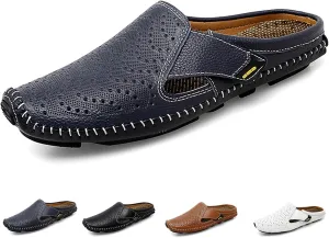 Helenbra Men's Hollow Backless Handmade Leather Mules Sandals,Summer Hook & Loop Breathable Slingback Non-slip Soft Sole Comfortable Slip-on Home Office Casual Flat Sandals Slippers